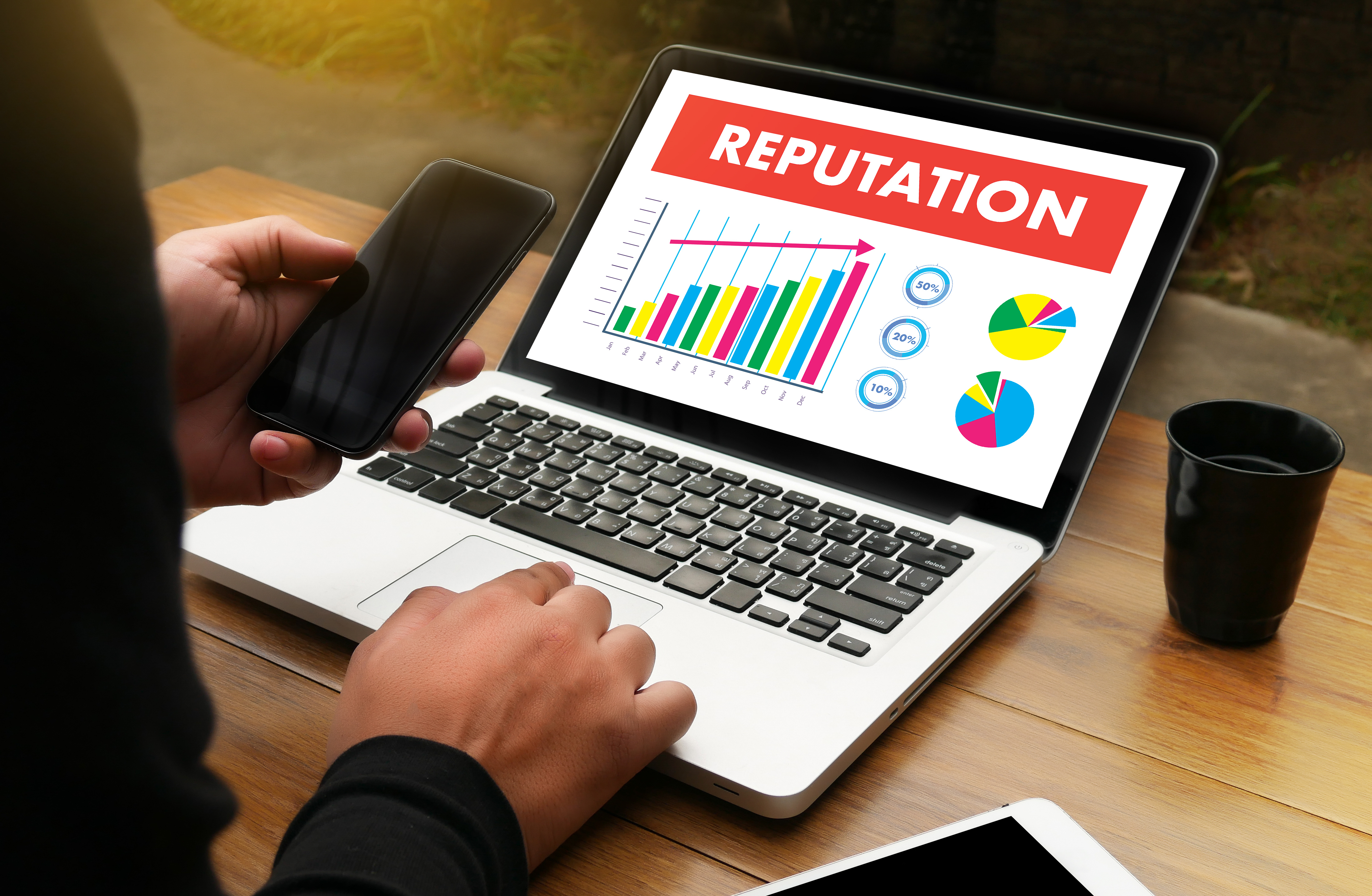 Picture of computer with the word reputation and graph going up on the screen.