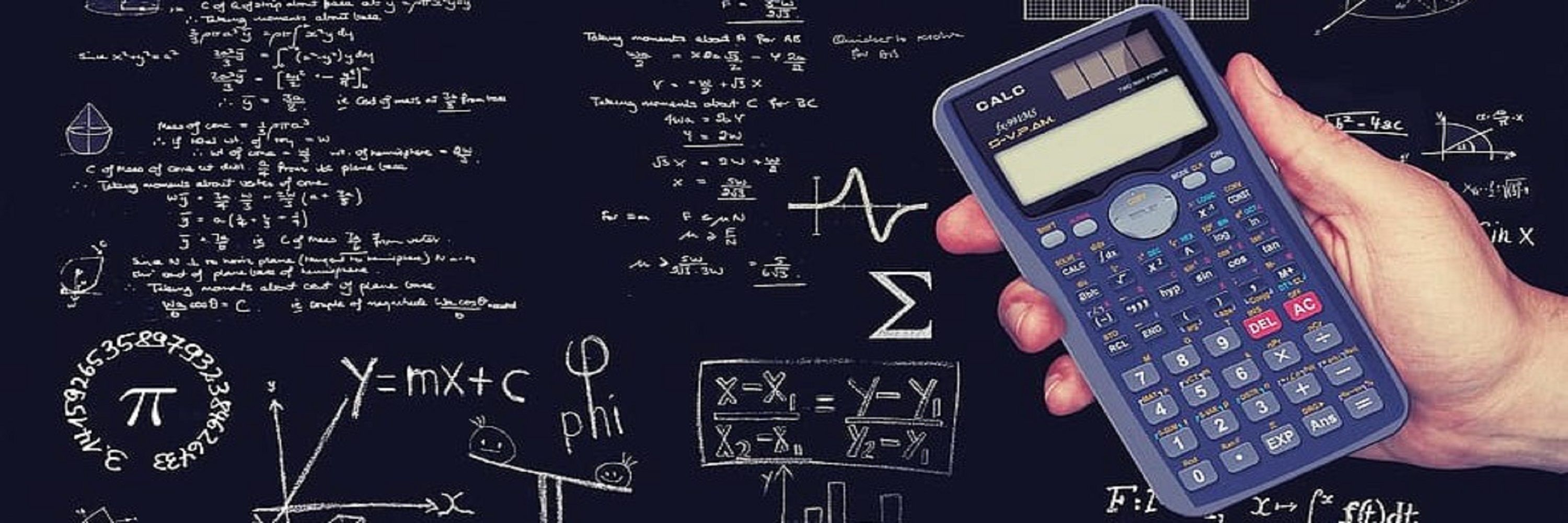Picture of a hand holding a technical calculator, with lots of different types of math on a chalkboard behind it.
